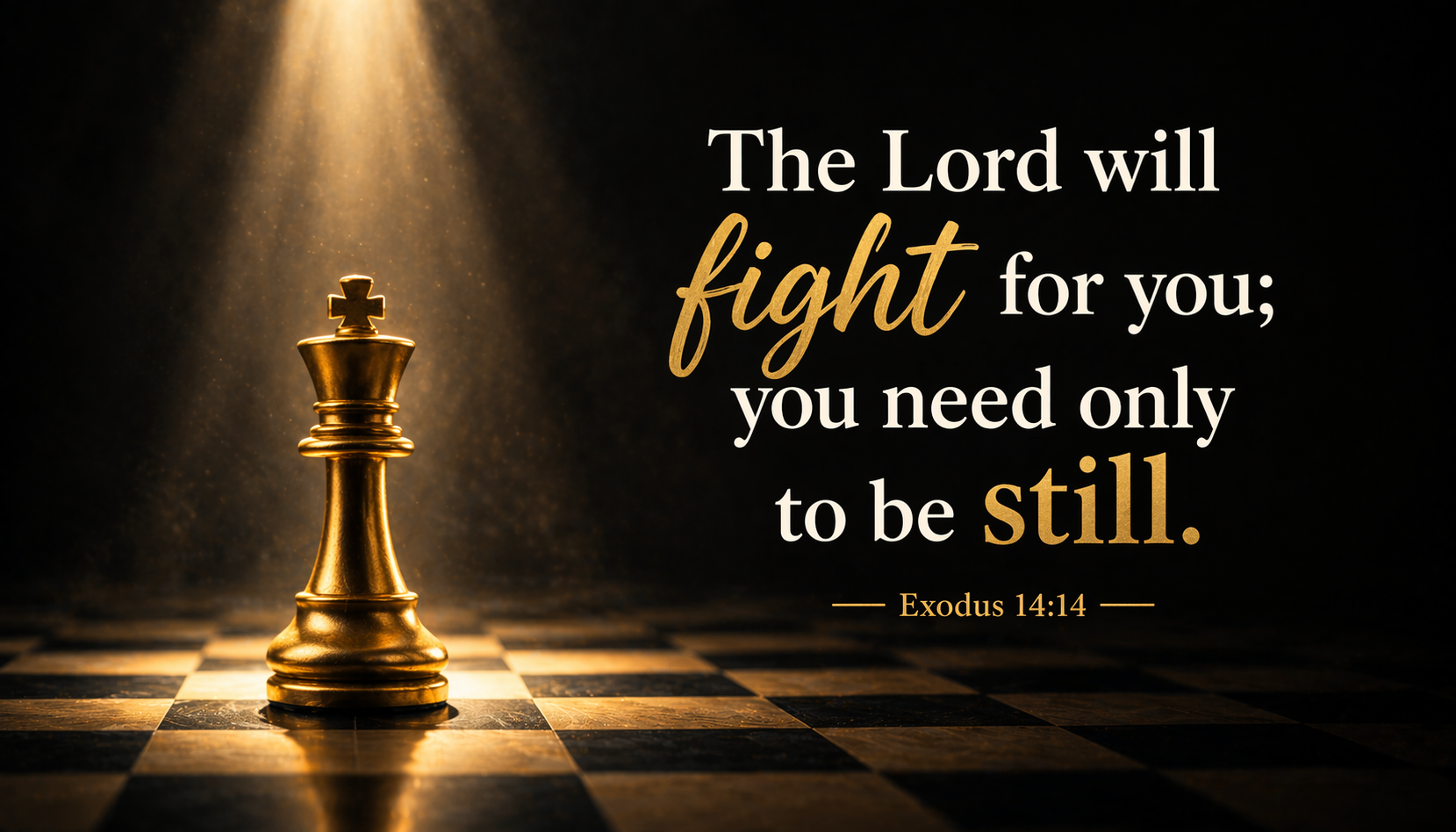 Exodus 14:14 Bible verse wallpaper - The Lord will fight for you be still - golden chess king on dark chessboard with dramatic lighting